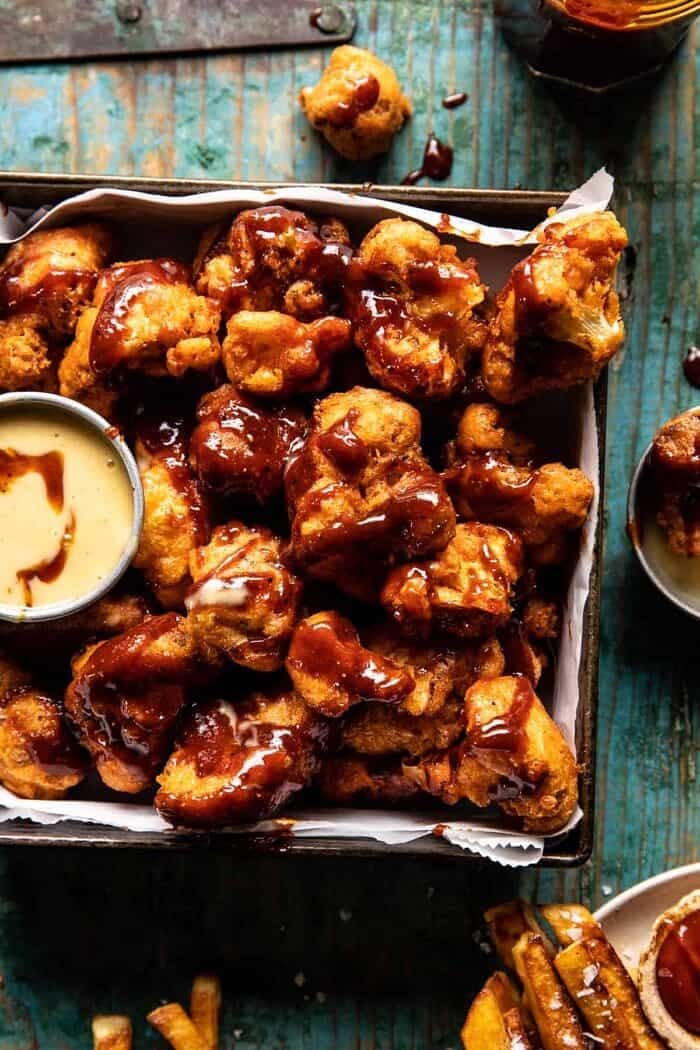 overhead close up photo of Crispy Beer Battered BBQ Cauliflower Nuggets
