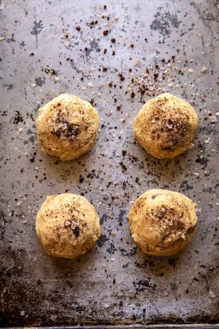 overhead prep photo of Giant Salted Espresso Hot Fudge Cookies on baking sheet before baking 