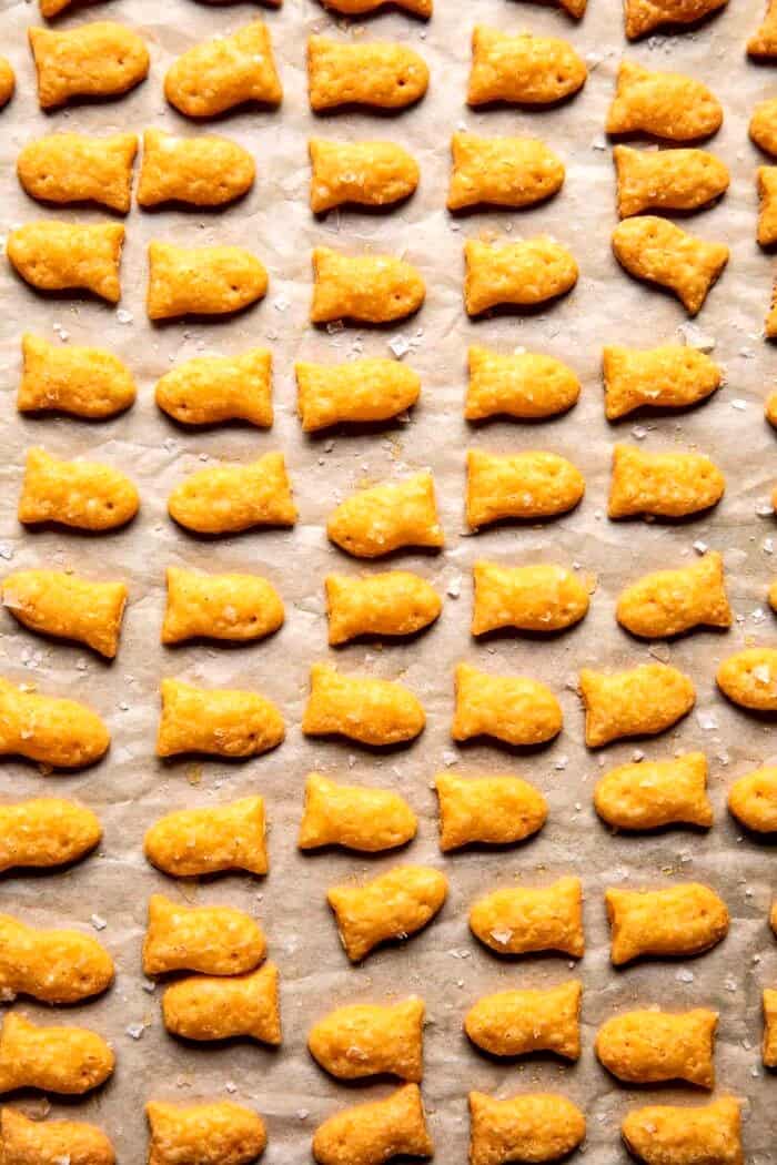 overhead photo of Homemade Goldfish after baking on baking sheet