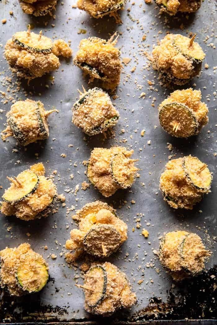 Mac and Cheese Stuffed Oven Fried Zucchini Bites | halfbakedharvest.com Mac and Cheese Stuffed Oven Fried Zucchini Bites after coating in breadcrumbs, but before baking