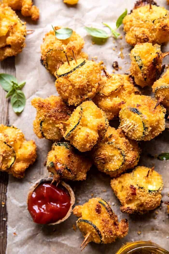 Mac and Cheese Stuffed Oven Fried Zucchini Bites | halfbakedharvest.com overhead photo of Mac and Cheese Stuffed Oven Fried Zucchini Bites