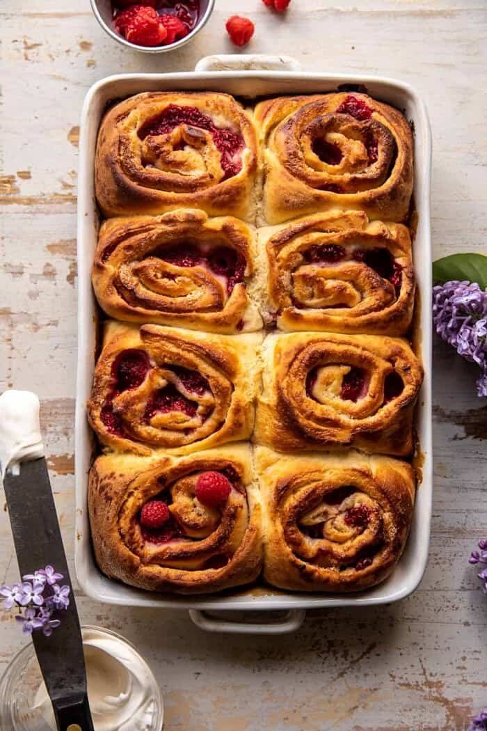 overhead photo of Raspberry Lemon Brioche Rolls before adding cream