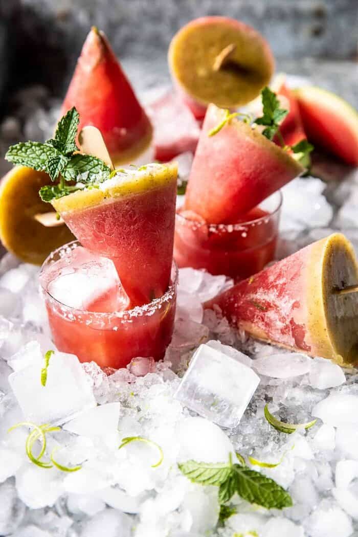 Salted Spicy Watermelon Margarita Popsicles | halfbakedharvest.com front on photo of Salted Spicy Watermelon Margarita Popsicles