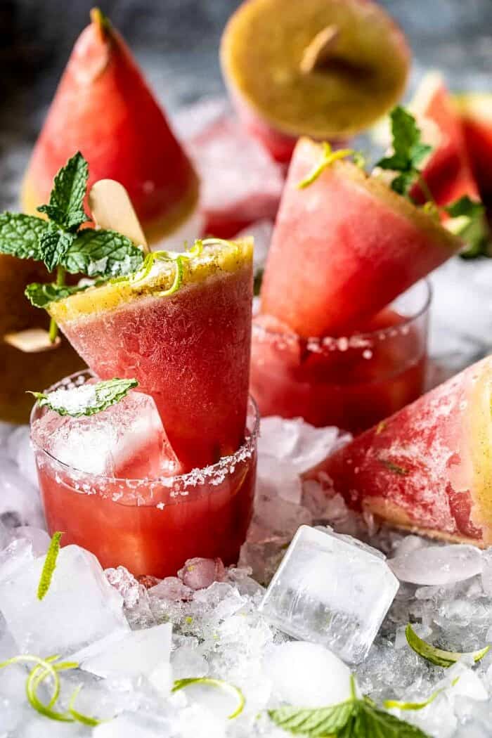 Salted Spicy Watermelon Margarita Popsicles | halfbakedharvest.com front on photo of Salted Spicy Watermelon Margarita Popsicles