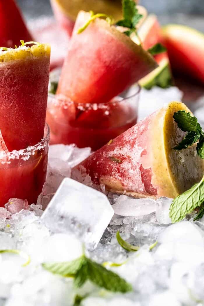 Salted Spicy Watermelon Margarita Popsicles | halfbakedharvest.com side angled photo of Salted Spicy Watermelon Margarita Popsicles