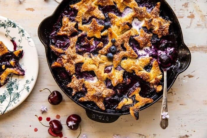 Skillet Blueberry Bourbon Pandowdy | halfbakedharvest.com overhead horizontal photo of Skillet Blueberry Bourbon Pandowdy