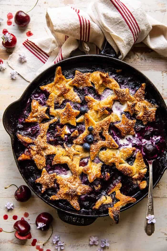 Skillet Blueberry Bourbon Pandowdy | halfbakedharvest.com overhead photo of Skillet Blueberry Bourbon Pandowdy