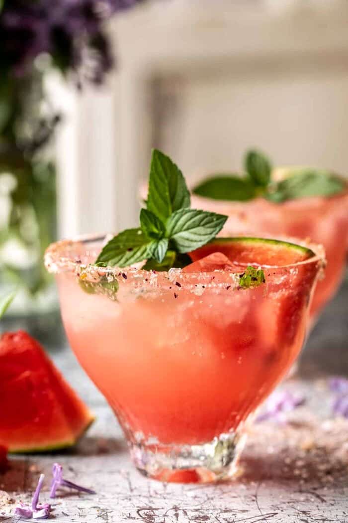 side angled photo of Smoky Watermelon Lemon Margarita 