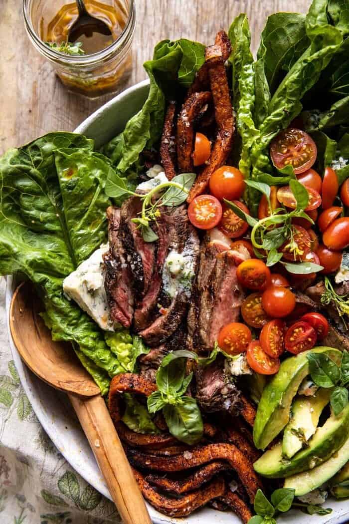 overhead close up photo of Sweet Potato Fry Steak Salad with Blue Cheese Butter