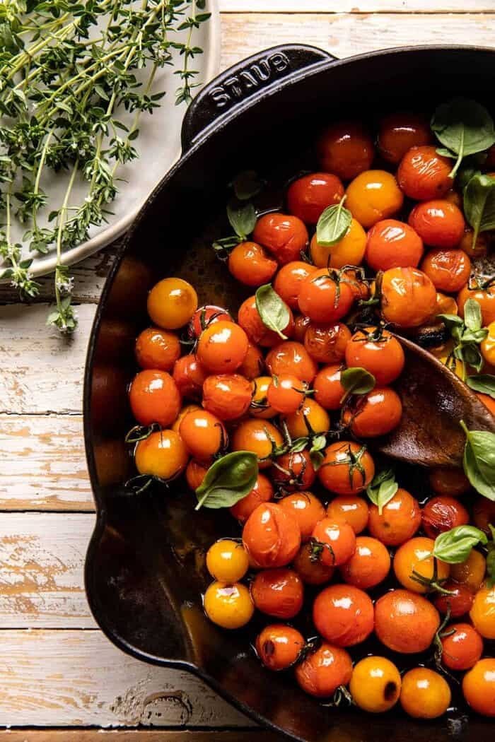 overhead prep photo of Burst Tomatoes in skillet