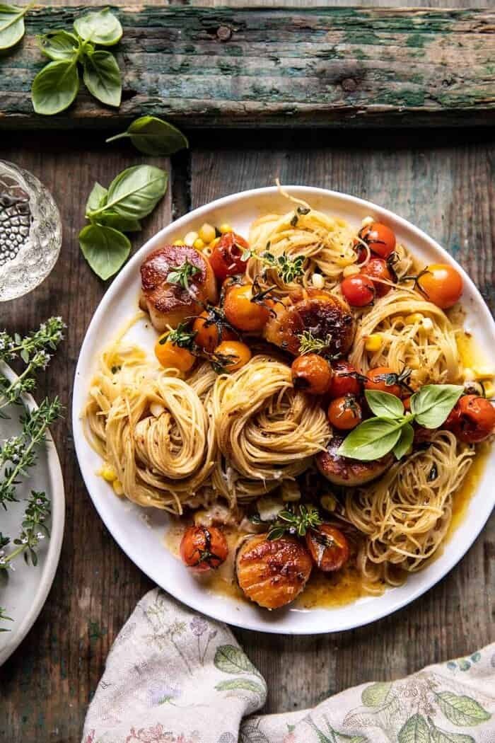 overhead photo of Browned Butter Scallops and Burst Tomato Basil Pasta