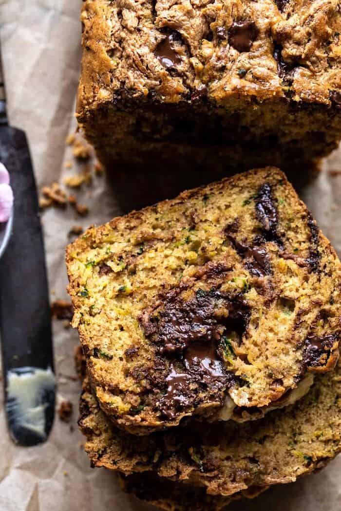 Chocolate Chunk Almond Butter Zucchini Bread | halfbakedharvest.com overhead close up photo of Chocolate Chunk Almond Butter Zucchini Bread
