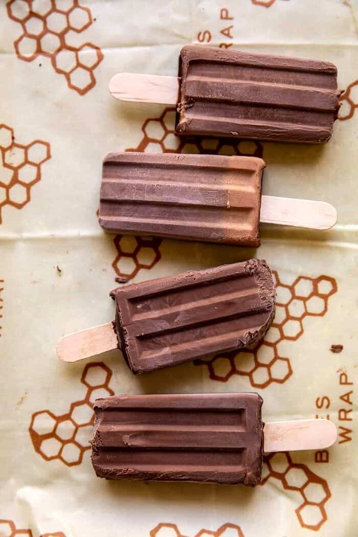 prep photo of Creamy Vegan Chocolate Fudge Pops before adding chocolate magic shell