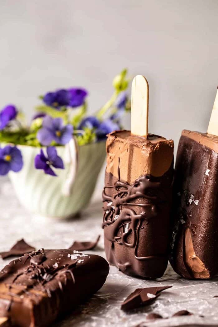 side angled photo of Creamy Vegan Chocolate Fudge Pops