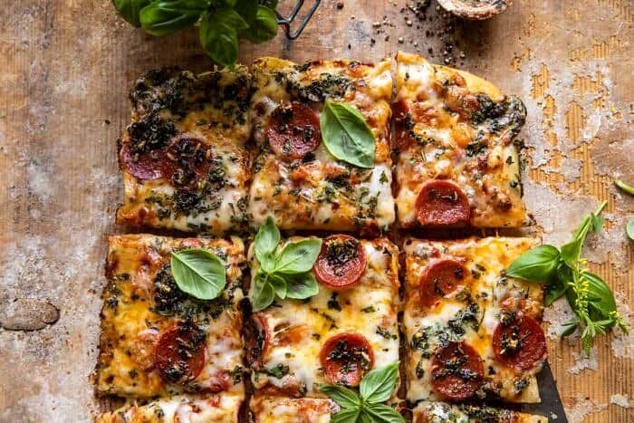 overhead horizontal photo Easy Sheet Pan Tomato Herb Pizza