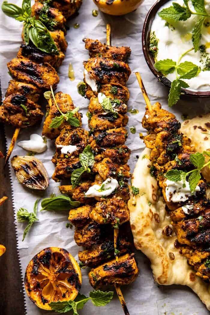 Grilled Chicken Shawarma with Golden Butter Fries and Garlic Sauce | halfbakedharvest.com overhead close up photo of Grilled Chicken Shawarma with Golden Butter Fries and Garlic Sauce