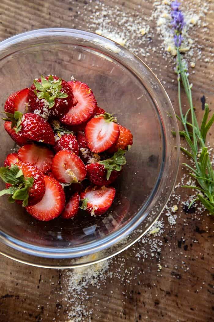 Lemon Strawberry Dutch Baby with Ricotta Cream | halfbakedharvest.com overhead photo of Lemon Strawberries before adding to the dutch baby