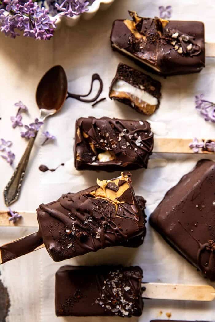 Peanut Butter Brownie Ice Cream Bars | halfbakedharvest.com overhead photo of Peanut Butter Brownie Ice Cream Bars