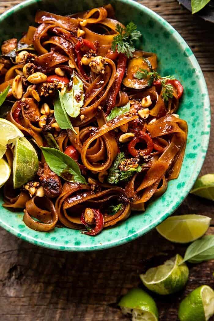 Saucy Thai Summer Noodle Stir Fry with Sesame Peanuts | halfbakedharvest.com overhead close up photo of Saucy Thai Summer Noodle Stir Fry with Sesame Peanuts
