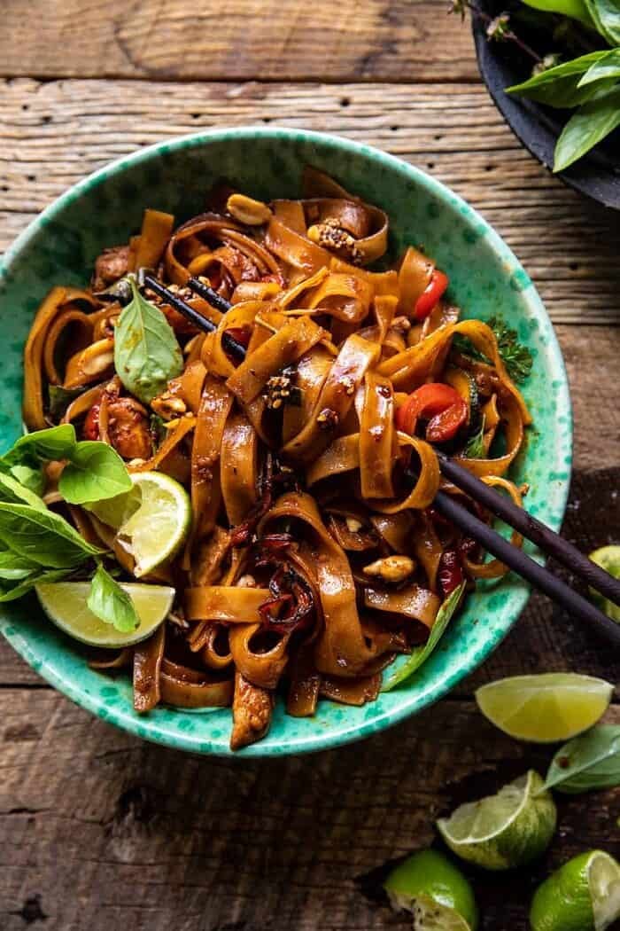 Saucy Thai Summer Noodle Stir Fry with Sesame Peanuts | halfbakedharvest.com overhead photo of Saucy Thai Summer Noodle Stir Fry with Sesame Peanuts