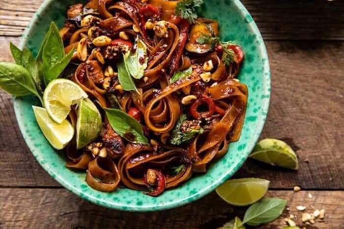 Saucy Thai Summer Noodle Stir Fry with Sesame Peanuts | halfbakedharvest.com overhead horizontal photo of Saucy Thai Summer Noodle Stir Fry with Sesame Peanuts