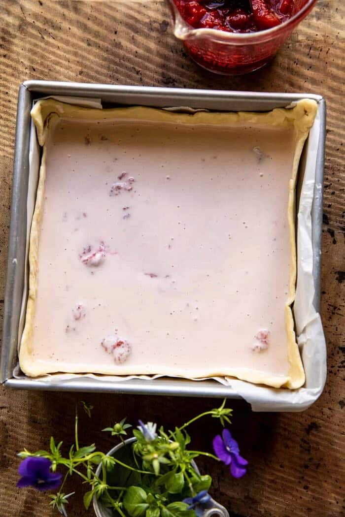 Simple Strawberry Chamomile Cheesecake strawberry layer before baking 