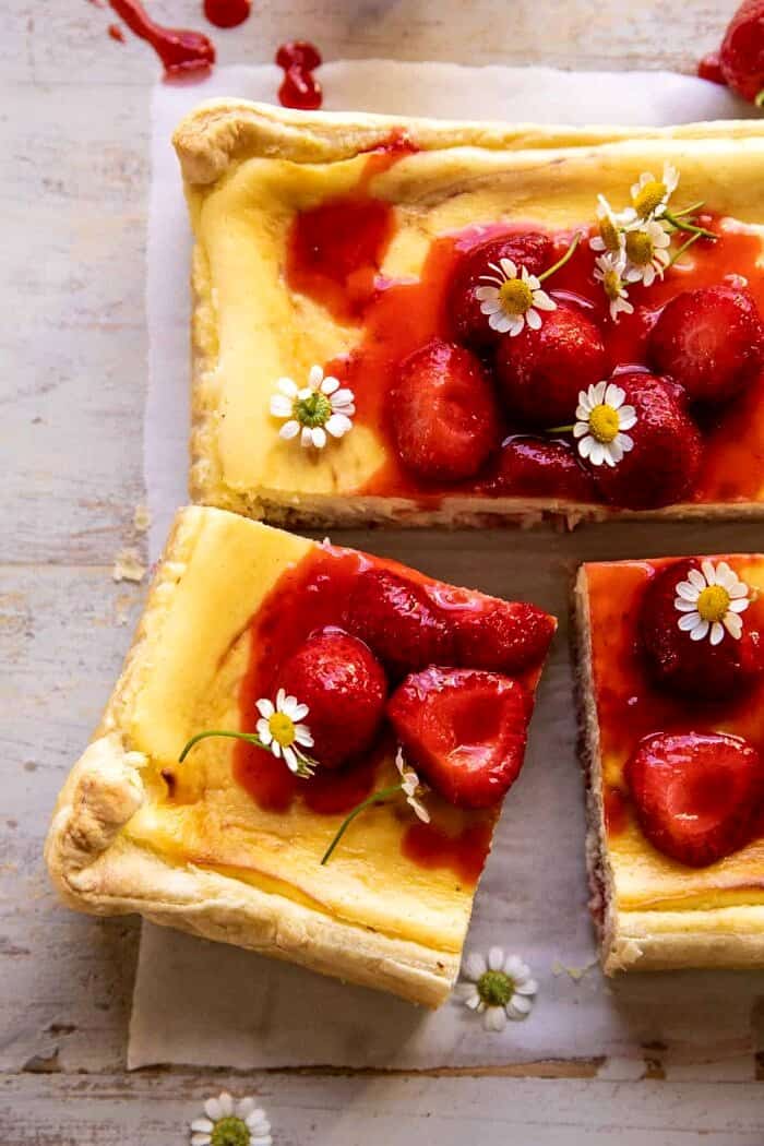 overhead close up photo of Simple Strawberry Chamomile Cheesecake