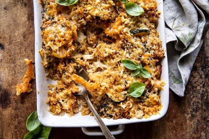 overhead horizontal photo of Cheesy Zucchini Chicken and Rice Bake 