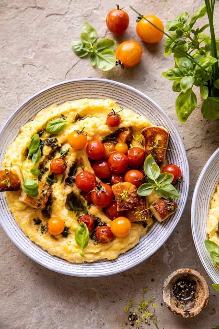overhead photo of Cherry Tomato Pesto Polenta with Fried Halloumi 