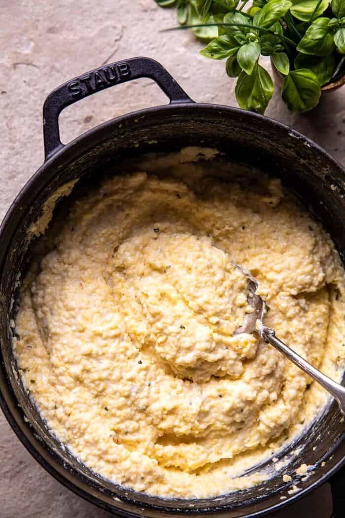 overhead photo of Pesto Polenta 