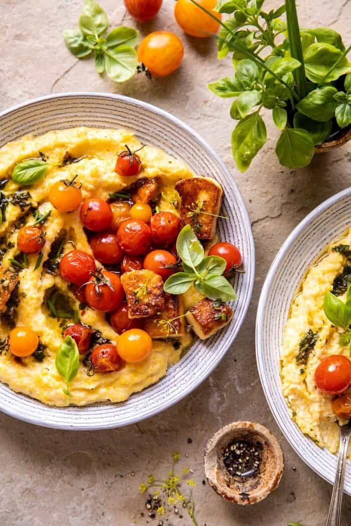 Cherry Tomato Pesto Polenta with Fried Halloumi | halfbakedharvest.com
