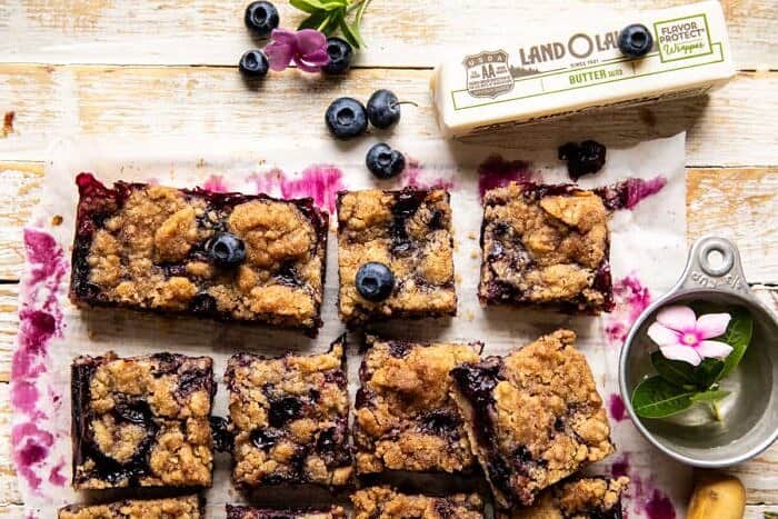 Cinnamon Sugar Blueberry Crumb Bars | halfbakedbarvest.com overhead horizontal photo of Cinnamon Sugar Blueberry Crumb Bars