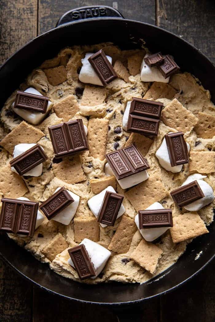 Giant S’mores Stuffed Chocolate Chip Skillet Cookie | halfbakedharvest.com Giant S’mores Stuffed Chocolate Chip Skillet Cookie before baking
