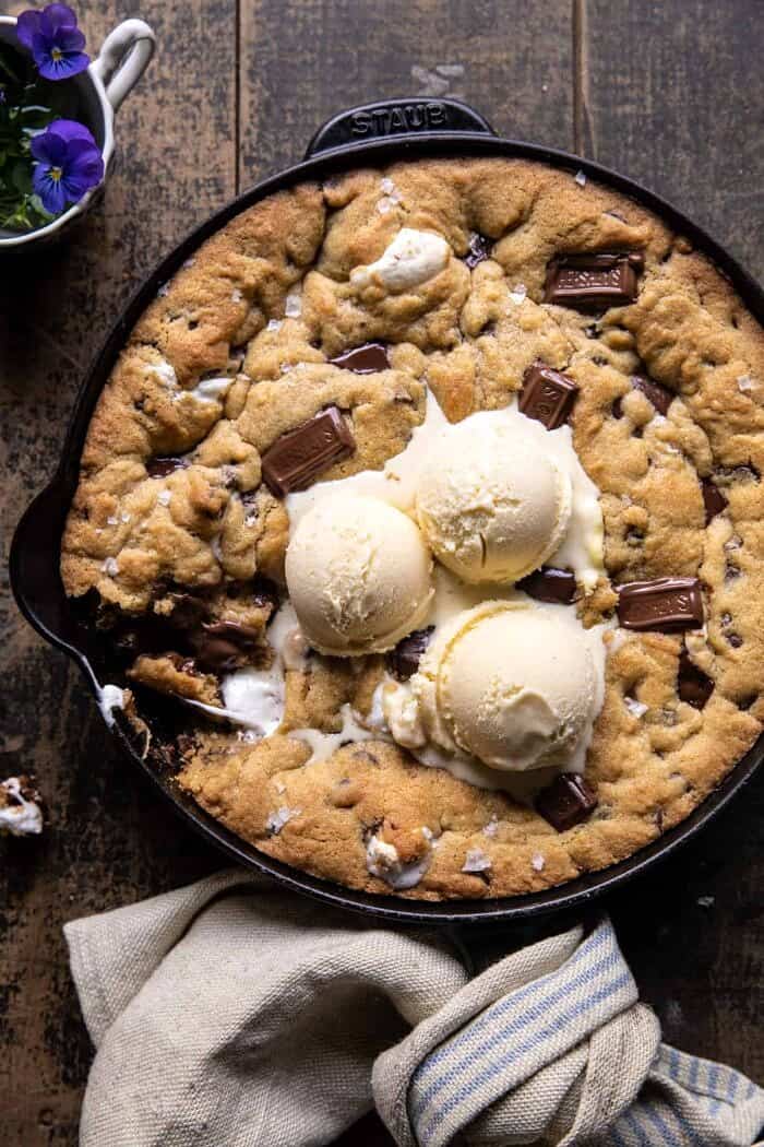 Giant S’mores Stuffed Chocolate Chip Skillet Cookie | halfbakedharvest.com overhead photo Giant S’mores Stuffed Chocolate Chip Skillet Cookie