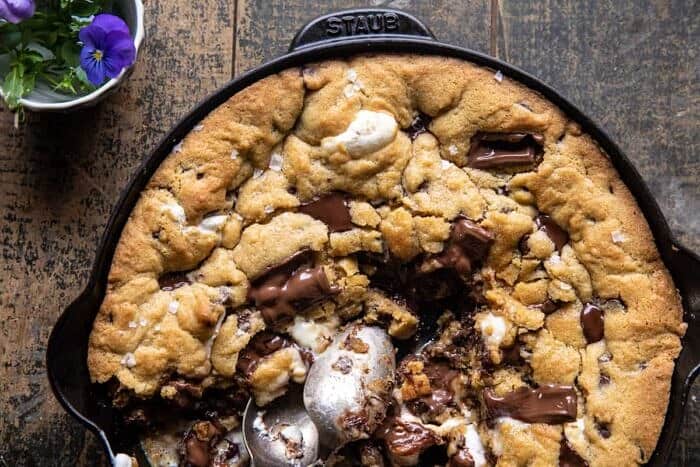 Giant S’mores Stuffed Chocolate Chip Skillet Cookie | halfbakedharvest.com overhead horizontal photo of Giant S’mores Stuffed Chocolate Chip Skillet Cookie