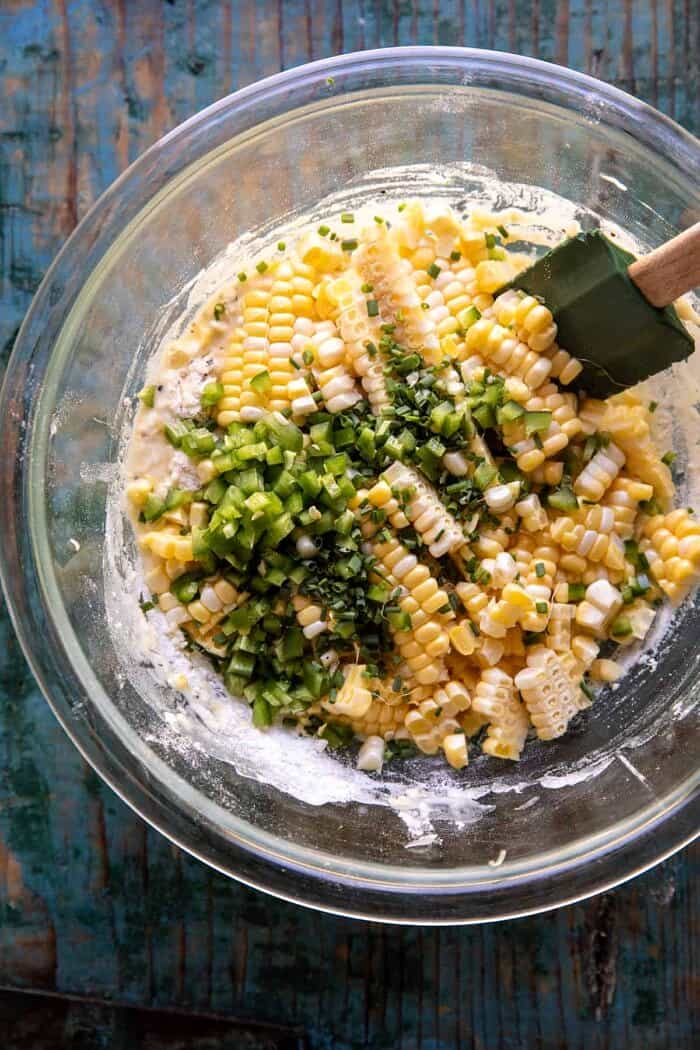 Jalapeño Cheddar Corn Fritters with Chipotle Aioli | halfbakedharvest.com overhead prep photo of Jalapeño Cheddar Corn Fritter batter