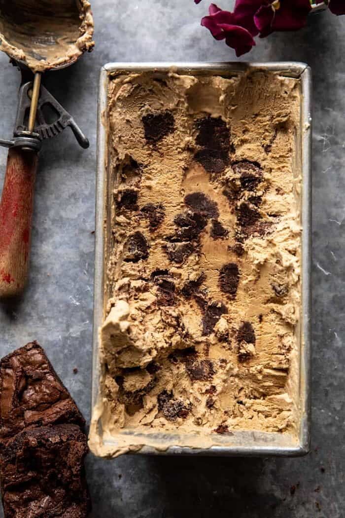 No Churn Fudge Brownie Coffee Ice Cream | halfbakedharvest.com overhead photo of No Churn Fudge Brownie Coffee Ice Cream