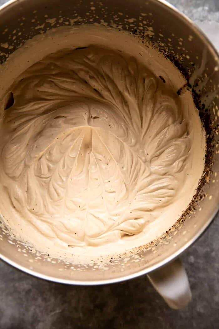 No Churn Fudge Brownie Coffee Ice Cream | halfbakedharvest.com Coffee Ice Cream in mixing bowl before adding brownie chunks