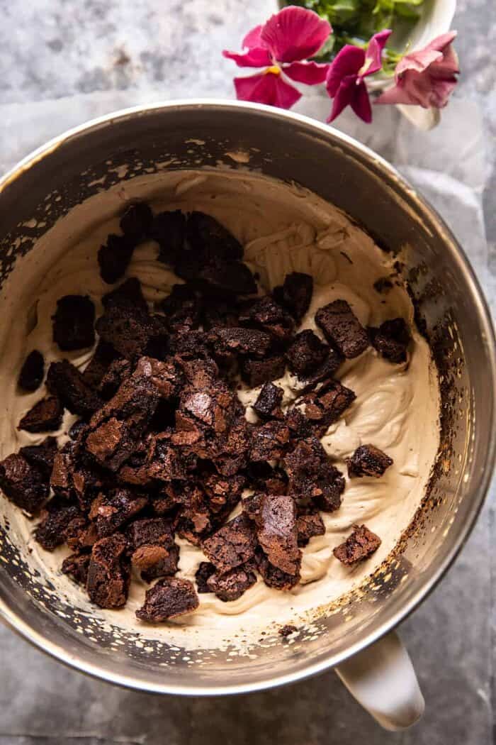 No Churn Fudge Brownie Coffee Ice Cream | halfbakedharvest.com No Churn Fudge Brownie Coffee Ice Cream in mixing bowl before freezing