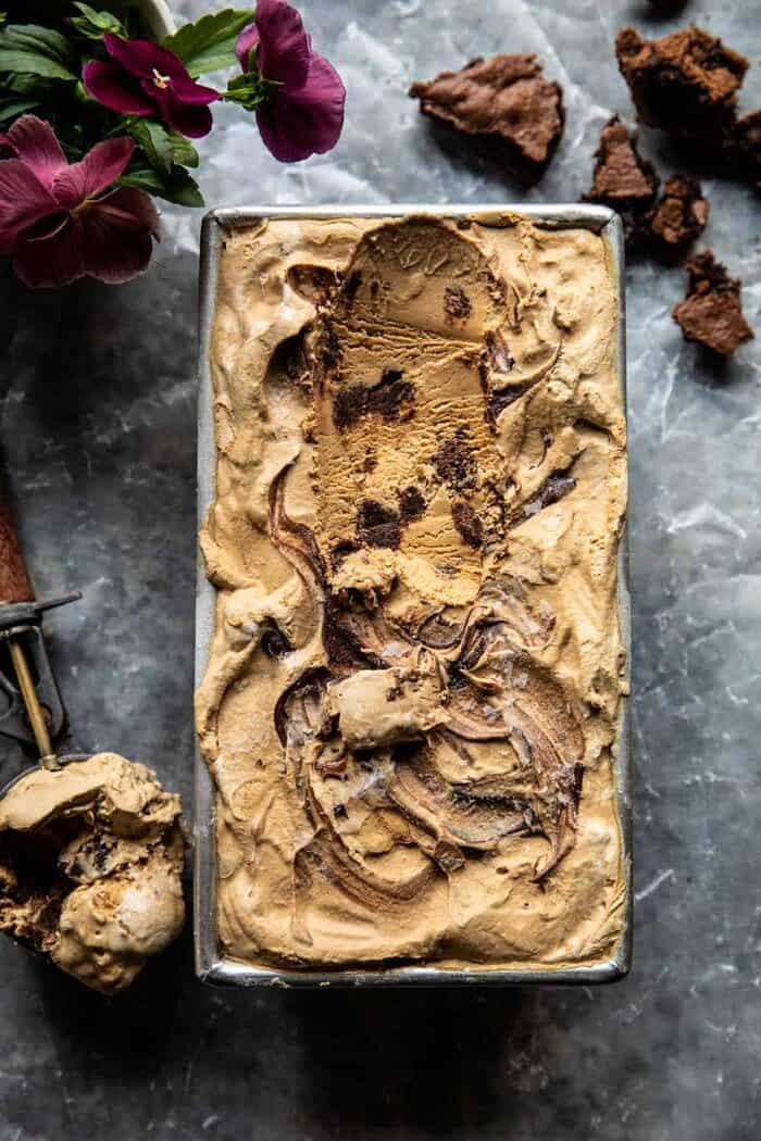 No Churn Fudge Brownie Coffee Ice Cream | halfbakedharvest.com overhead photo of No Churn Fudge Brownie Coffee Ice Cream