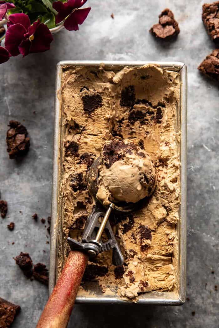 No Churn Fudge Brownie Coffee Ice Cream | halfbakedharvest.com overhead photo of No Churn Fudge Brownie Coffee Ice Cream