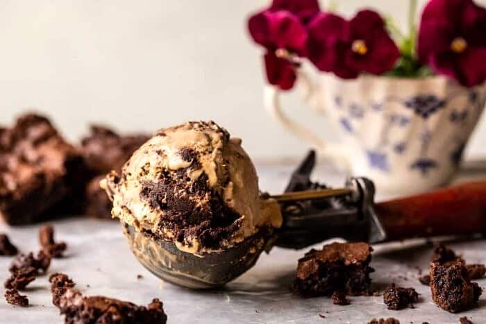 No Churn Fudge Brownie Coffee Ice Cream | halfbakedharvest.com side angled horizontal photo of No Churn Fudge Brownie Coffee Ice Cream