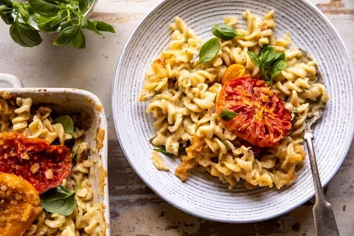 overhead photo of One Pot 4 Cheese Caprese Mac and Cheese 