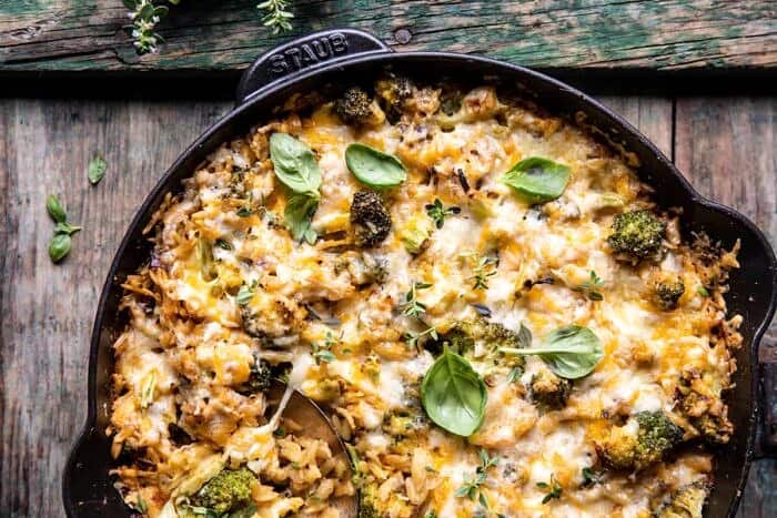 overhead horizontal photo of One Skillet Cheesy Broccoli Cheddar Orzo Bake