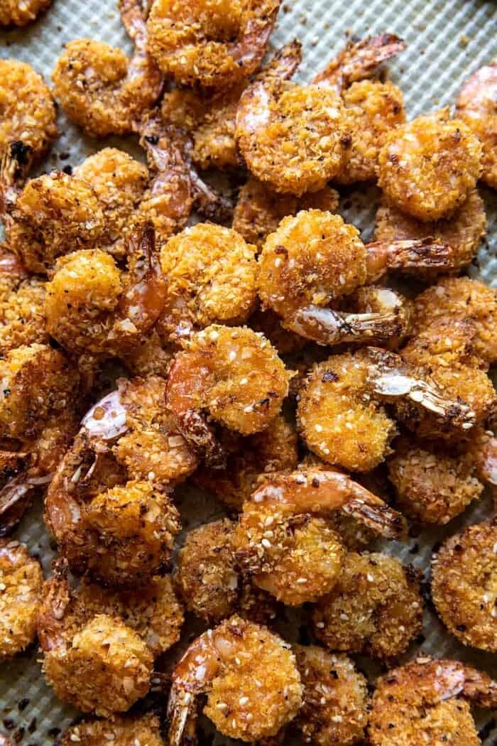 overhead photo of Oven Fried Coconut Shrimp on baking sheet