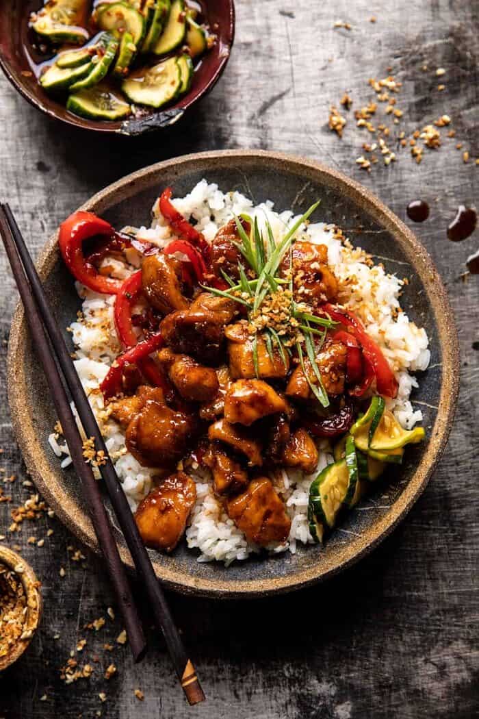 Weeknight Sesame Teriyaki Chicken with Ginger Rice | halfbakedharvest.com overhead photo of Weeknight Sesame Teriyaki Chicken with Ginger Rice