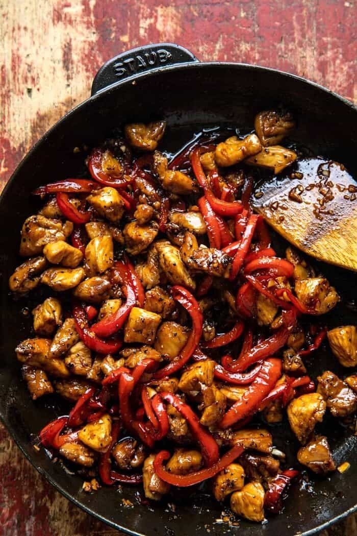 Weeknight Sesame Teriyaki Chicken with Ginger Rice | halfbakedharvest.com overhead photo of Weeknight Sesame Teriyaki Chicken in skillet