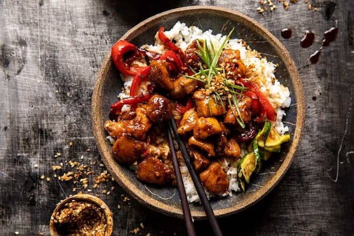 Weeknight Sesame Teriyaki Chicken with Ginger Rice | halfbakedharvest.com overhead photo of Weeknight Sesame Teriyaki Chicken with Ginger Rice