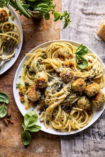 Zucchini Parmesan Chicken Meatballs with Lemon Pasta Carbonara | halfbakedharvest.com