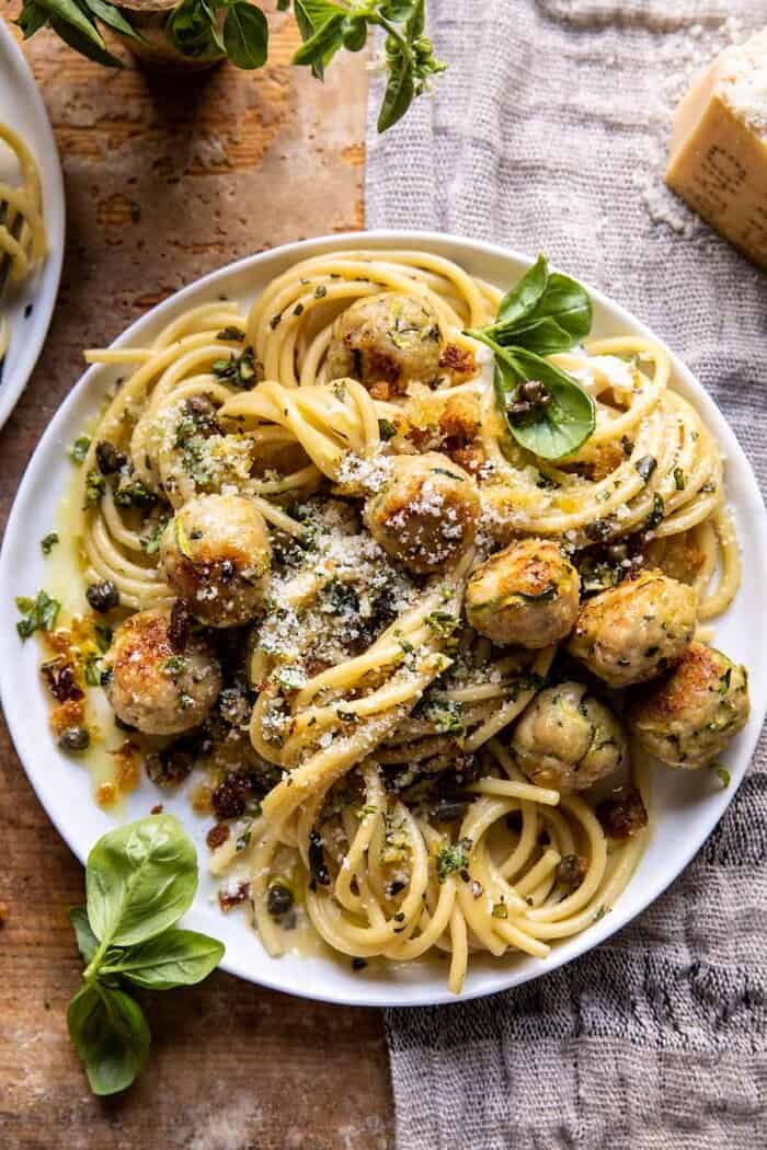 Zucchini Parmesan Chicken Meatballs with Lemon Pasta Carbonara | halfbakedharvest.com